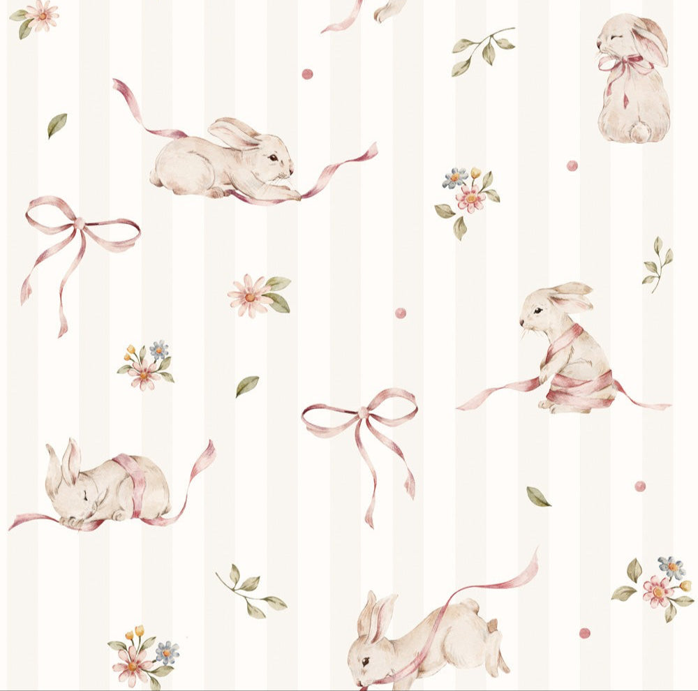 Pink Rabbits On Stripes Wallpaper